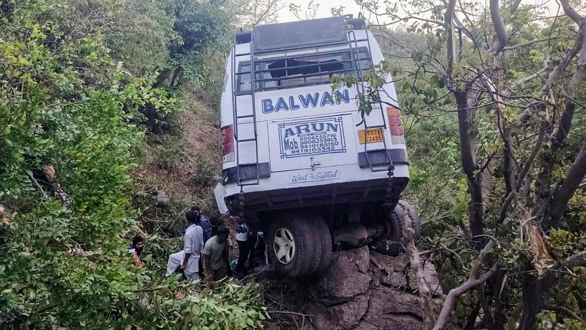 <div class="paragraphs"><p>Reasi: The damaged bus after it plunged into a gorge following an alleged attack by suspected terrorists, in Reasi district of Jammu and Kashmir.</p></div>