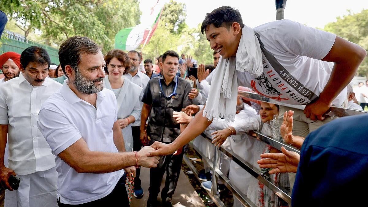 <div class="paragraphs"><p>Rahul Gandhi being greeted upon his arrival to attend a celebration programme on his birthday at AICC headquarters.</p></div>