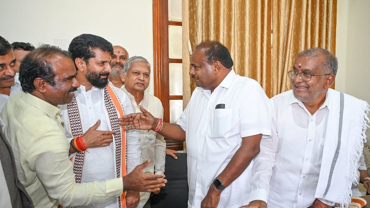 <div class="paragraphs"><p>H D Kumaraswamy, JD(S) president greets BJP Candidates for the Biennial Election to the Karnataka Legislative Council by the Member of the Legislative Assembly of Karnataka N Ravikumar C T Ravi and M G Mule at Vidhana Soudha in Bengaluru on Monday, 03rd June 2024. G T Devegowda JD(S) leader seen. </p></div>