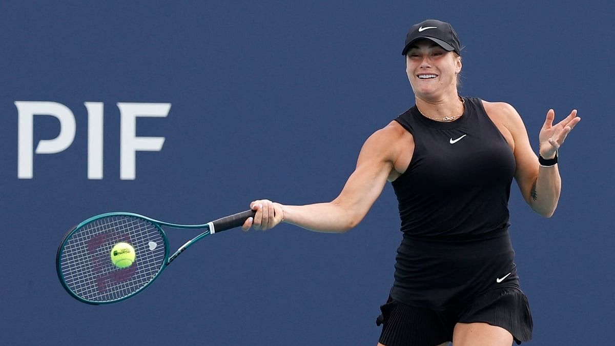 <div class="paragraphs"><p>Mar 22, 2024; Miami Gardens, FL, USA; Aryna Sabalenka hits a forehand against Paula Badosa  on day five of the Miami Open at Hard Rock Stadium. </p></div>