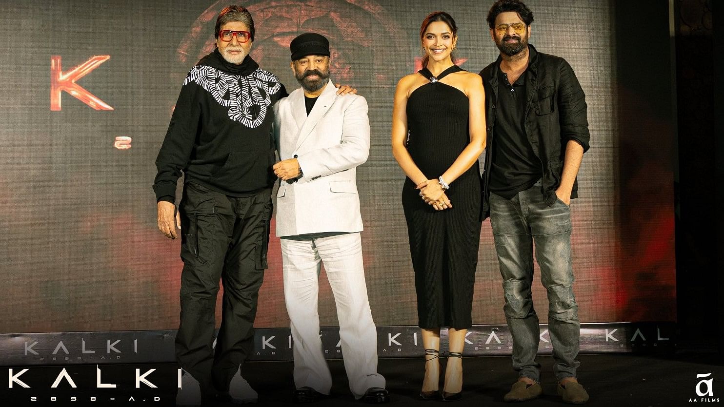 <div class="paragraphs"><p>Actors Amitabh Bachchan, Kamal Haasan, Prabhas and Deepika Padukone, during the promotion of their upcoming film 'Kalki 2898 AD', in Mumbai.&nbsp;</p></div>