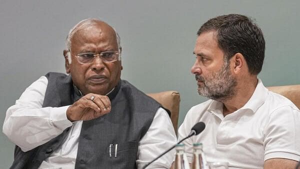 <div class="paragraphs"><p>Congress President Mallikarjun Kharge with party leader Rahul Gandhi during the extended Congress Working Committee meeting, in New Delhi, Saturday, June 8, 2024.</p></div>