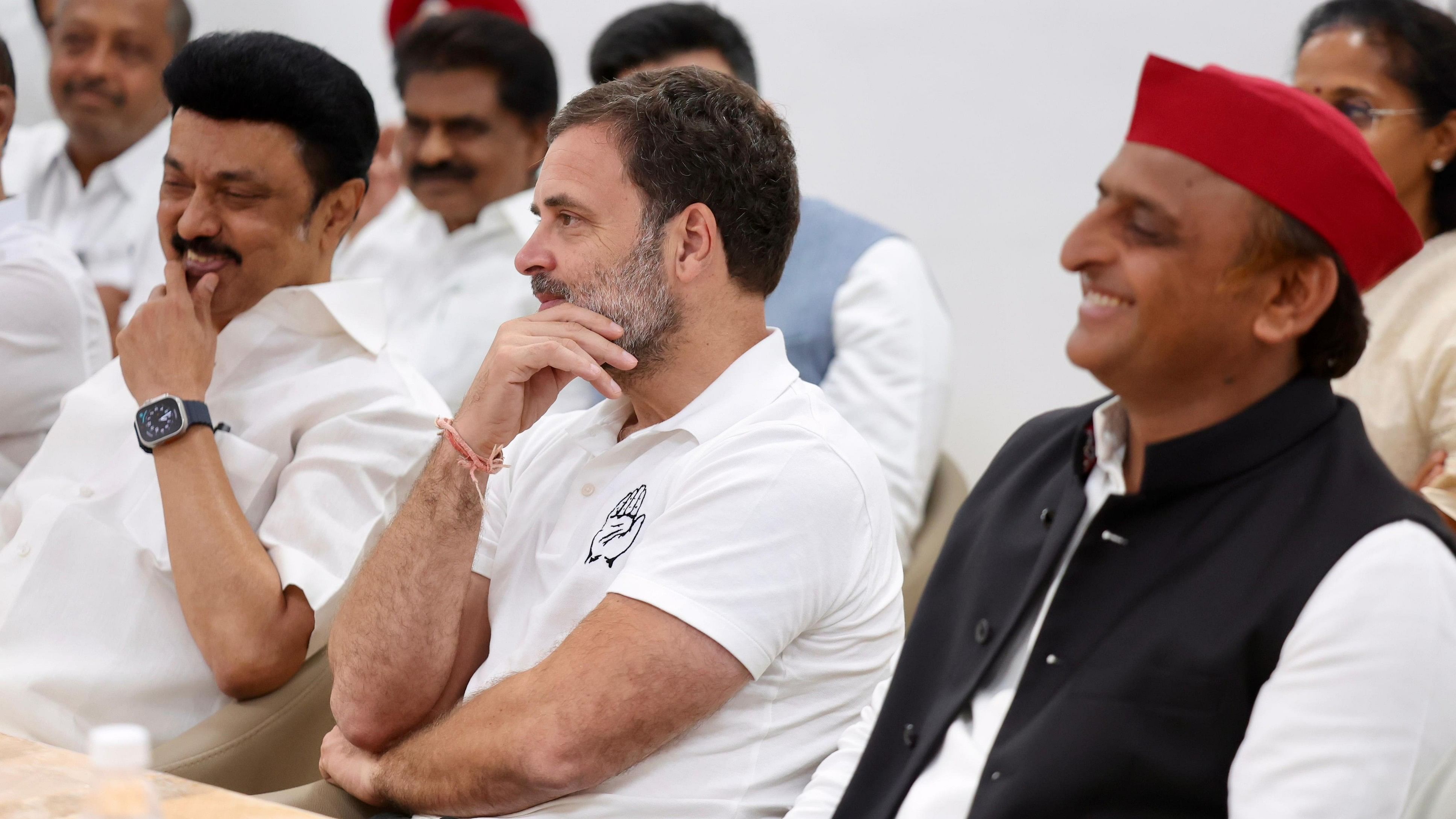 <div class="paragraphs"><p>From left, MK Stalin, Rahul Gandhi and Akhilesh Yadav at the meeting.&nbsp;</p></div>