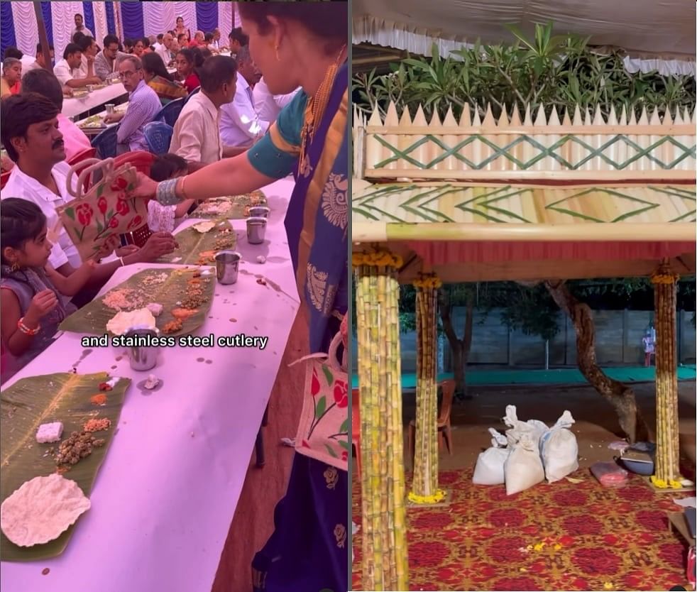 <div class="paragraphs"><p>A screengrab from Poorvi Bhat’s viral wedding reel showed return gifts in jute bags and a mantapa made of sugarcane.&nbsp; &nbsp;</p><p></p></div>