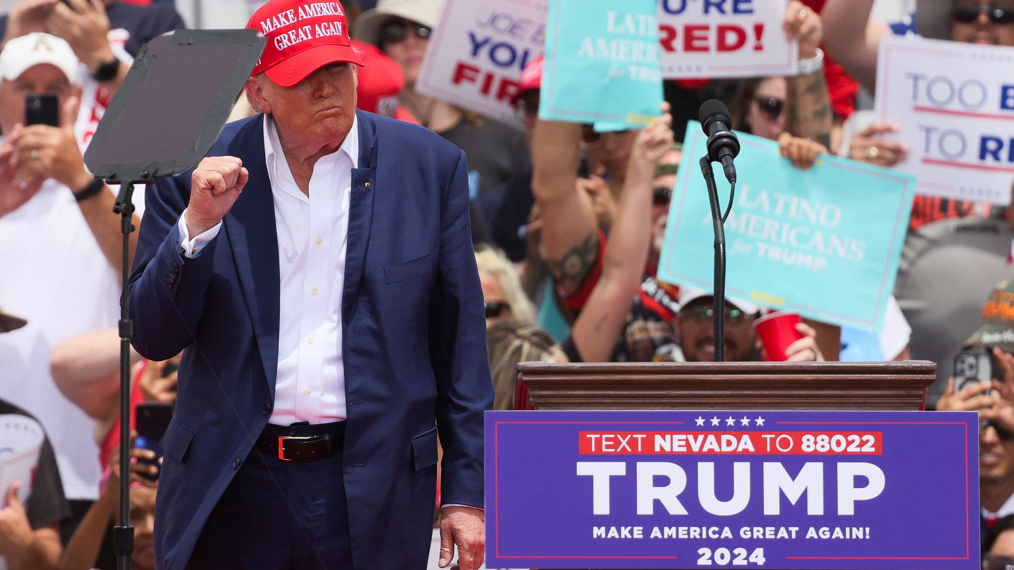 <div class="paragraphs"><p>Republican presidential candidate and former US President Donald Trump gestures during a campaign event, in Las Vegas, Nevada, US June 9, 2024.</p></div>