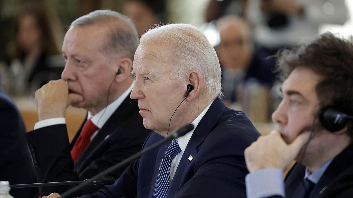 <div class="paragraphs"><p>US President Joe Biden, Turkey's President Recep Tayyip Erdogan and Argentina's President Javier Milei attend a session on Artificial Intelligence (AI), Energy, Africa and Mediterranean on the second day of the G7 summit in Borgo Egnazia, Italy, June 14, 2024.</p></div>