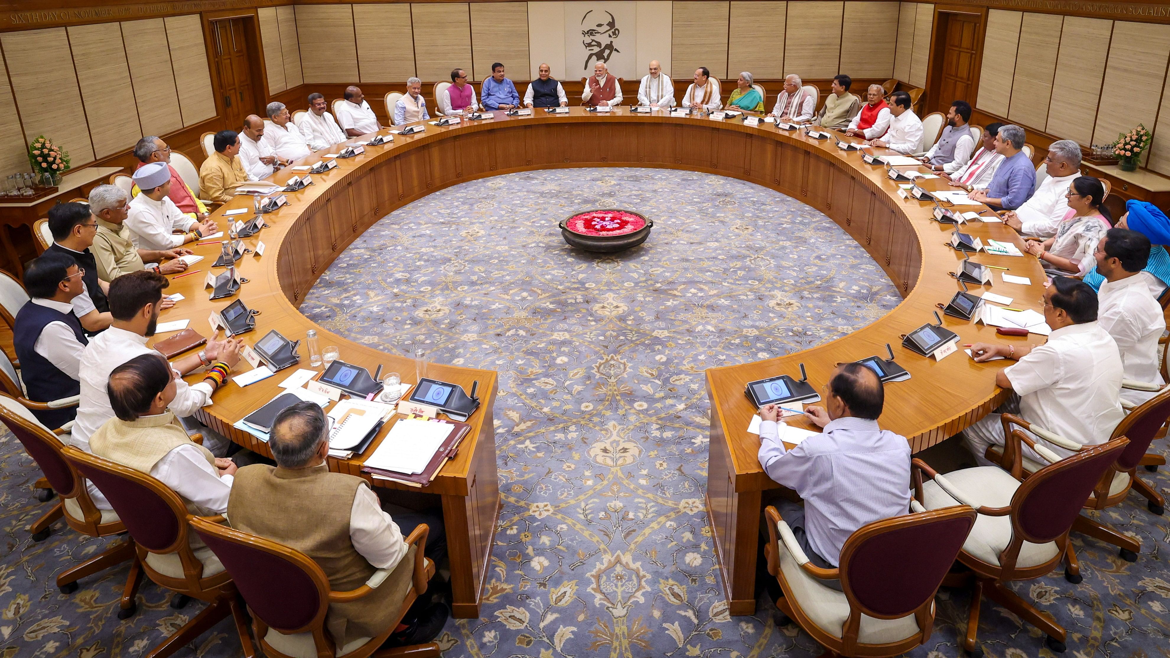 <div class="paragraphs"><p>Prime Minister Narendra Modi chairs the first meeting of his new Cabinet, attended by the newly-inducted ministers, at the prime minister's 7, Lok Kalyan Marg residence, in New Delhi, Monday, June 10, 2024.</p></div>