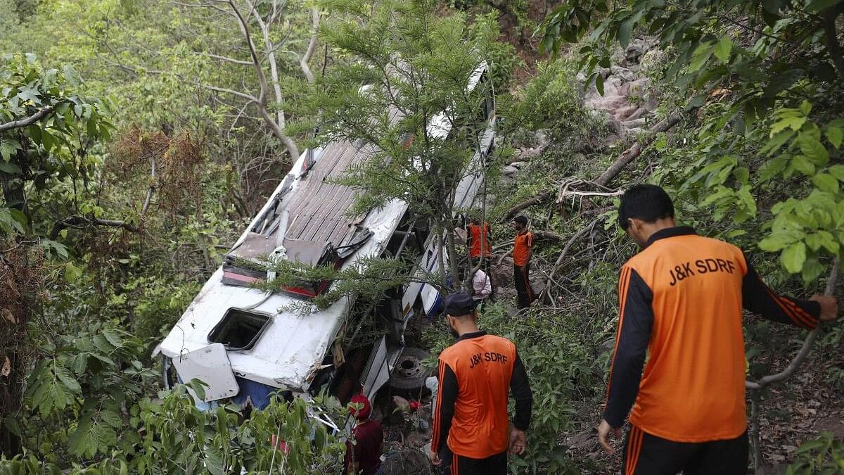 <div class="paragraphs"><p>The bus carrying pilgrims which plunged into a gorge following an ambush by terrorists in Reasi district of Jammu and Kashmir.</p></div>