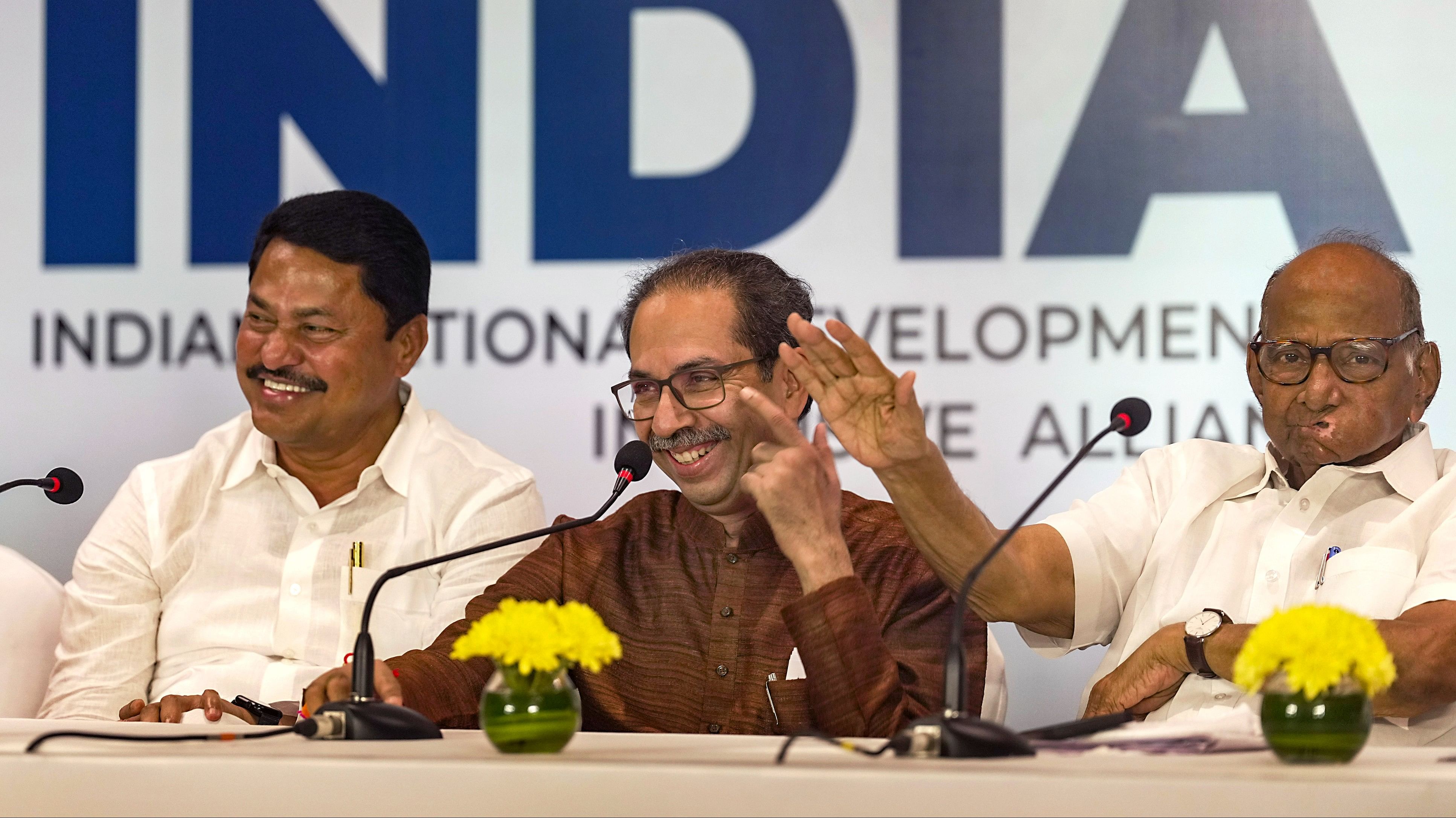 <div class="paragraphs"><p>Congress Maharashtra President Nana Patole, Shiv Sena (UBT) Chief Uddhav Thackeray and NCP chief Sharad Pawar during the MVA press conference on the eve of I.N.D.I.A. alliance meeting, in Mumbai.</p></div>