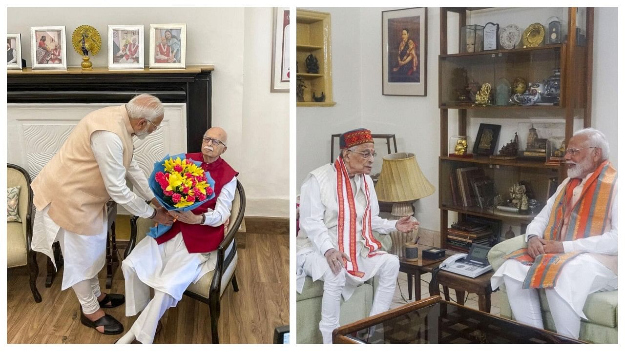 <div class="paragraphs"><p>Prime Minister Narendra Modi meets BJP veterans L K Advani(L) and Murli Manohar Joshi.</p></div>