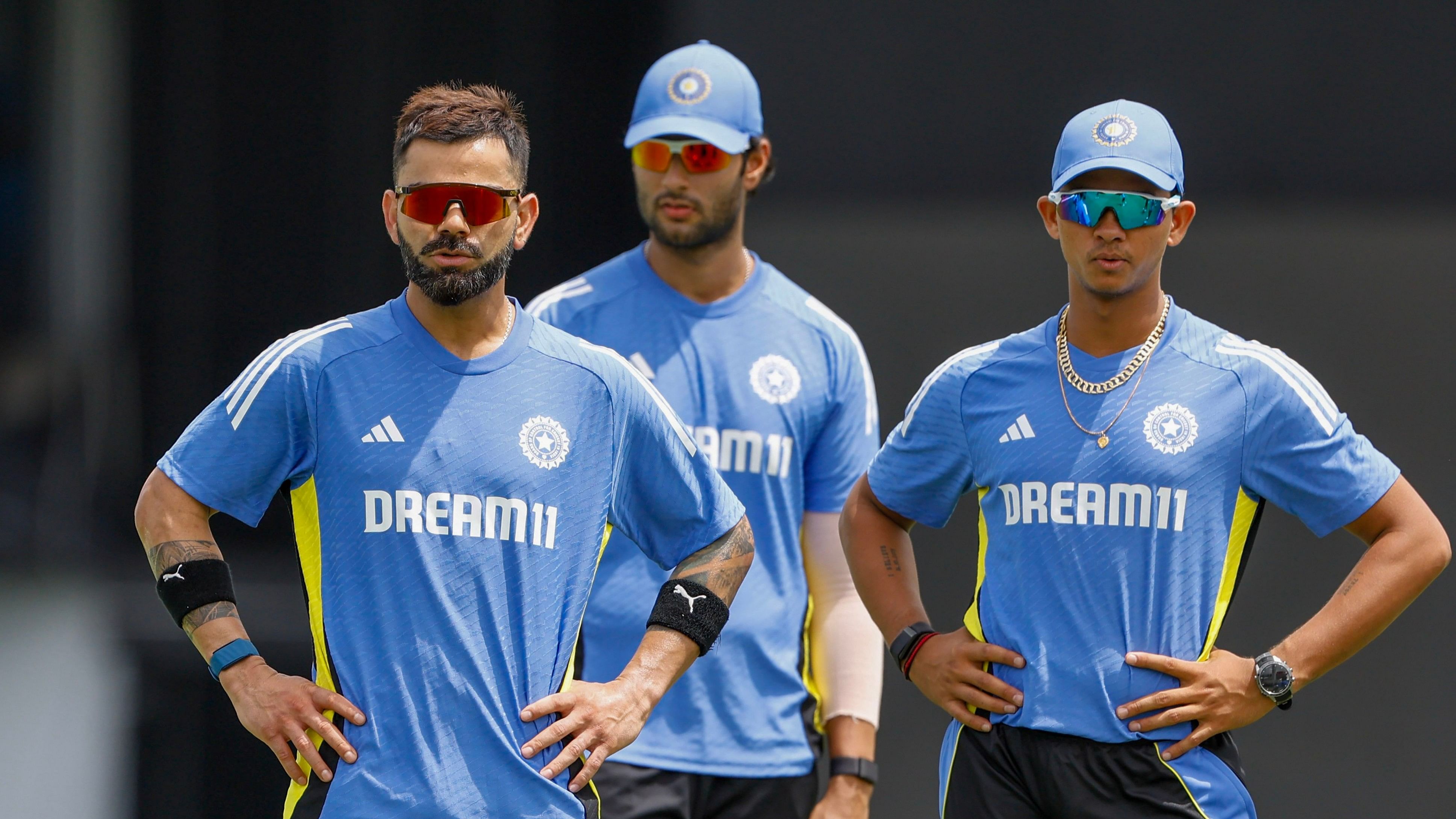 <div class="paragraphs"><p> India's Virat Kohli, Yashasvi Jaiswal and Shivam Dube during a practice session at the ongoing ICC Men's T20 World Cup, in Bridgetown, Barbados.</p></div>