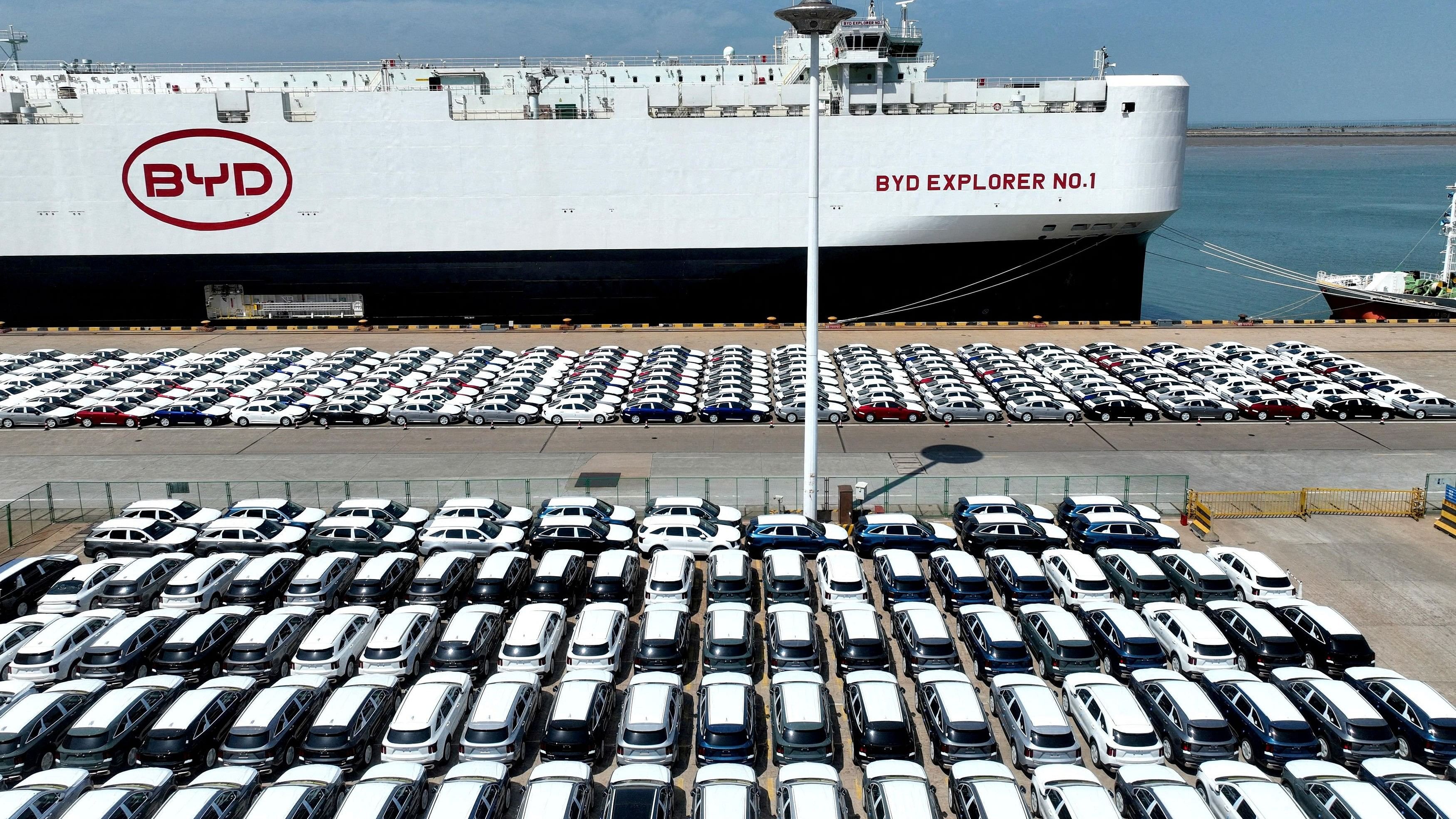 <div class="paragraphs"><p>A drone view shows BYD electric vehicles  before being loaded onto the "BYD Explorer No.1" roll-on, roll-off vehicle carrier for export to Brazil, at the port of Lianyungang in Jiangsu province, China.</p></div>