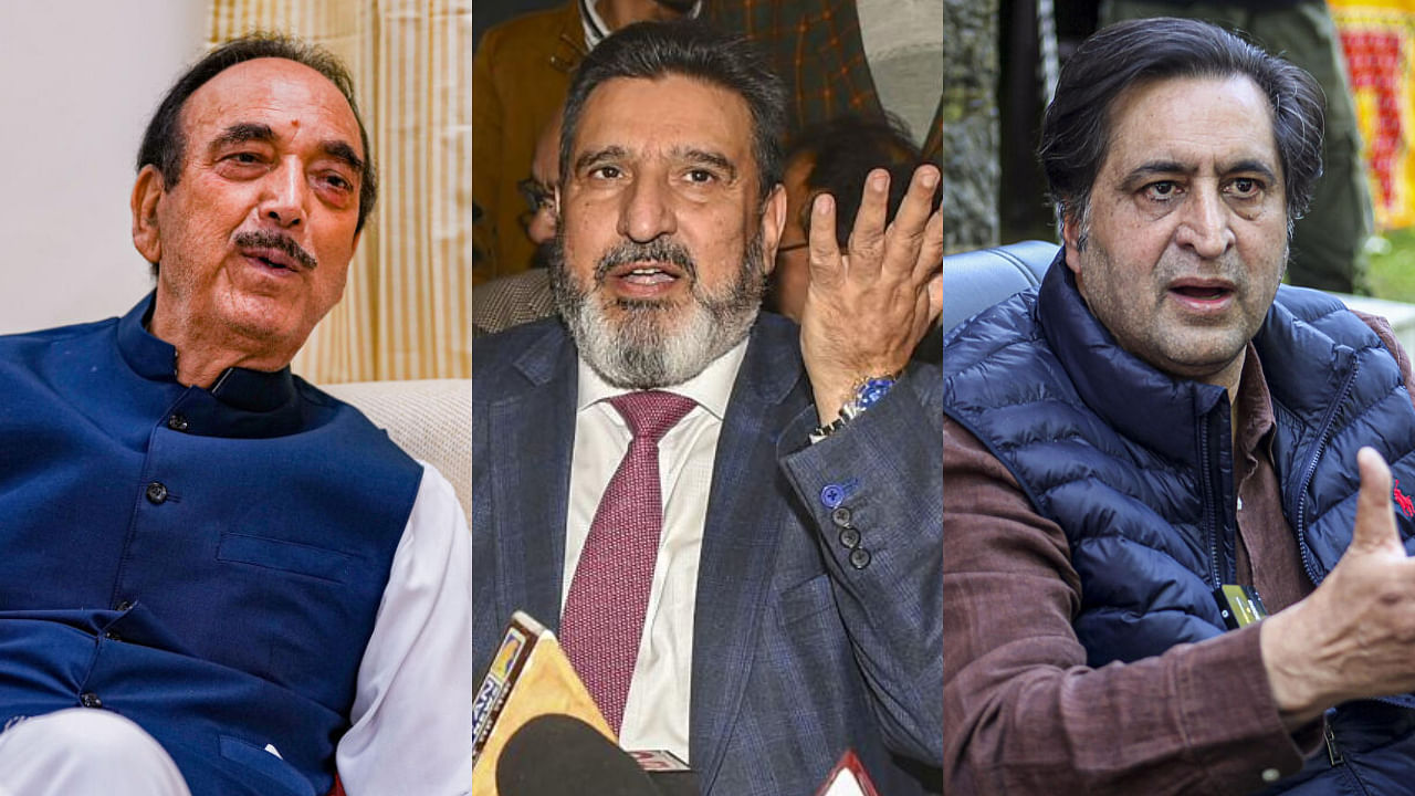 <div class="paragraphs"><p>Democratic Progressive Azad Party (DPAP) leader Ghulam Nabi Azad (Left),&nbsp;Apni Party (AP) chief Altaf Bukhari (Centre), and&nbsp;People's Conference (PC) leader Sajjad Lone (Right).</p></div>