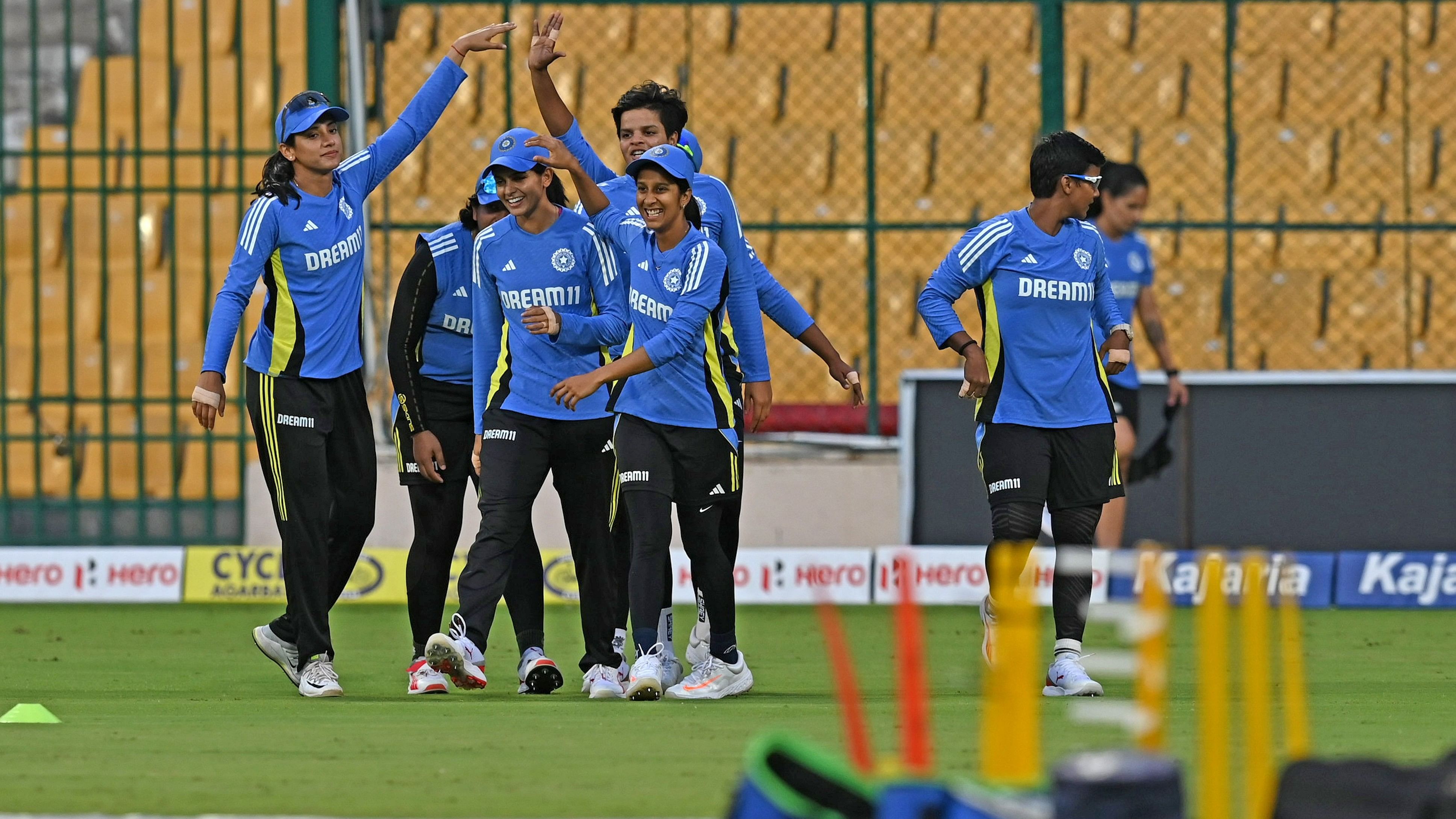 <div class="paragraphs"><p>Indian women cricketers practice ahead their second ODI against South Africa at the M Chinnaswamy Stadium in Bengaluru on Tuesday.</p></div>