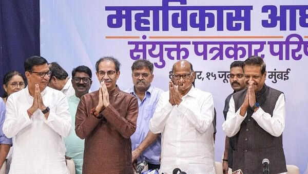 <div class="paragraphs"><p>NCP chief Sharad Pawar, Shiv Sena (UBT) chief Uddhav Thackeray and Congress leaders Balasaheb Thorat and Prithviraj Chavan during a joint press conference, in Mumbai, Saturday.</p></div>