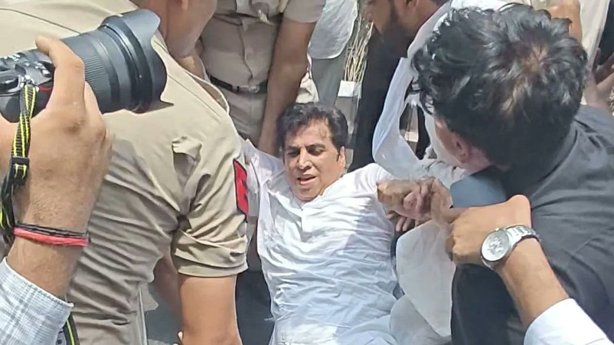 <div class="paragraphs"><p>Delhi Congress president Devender Yadav leading protests against the alleged NEET paper leak outside the BJP office in the national capital.</p></div>