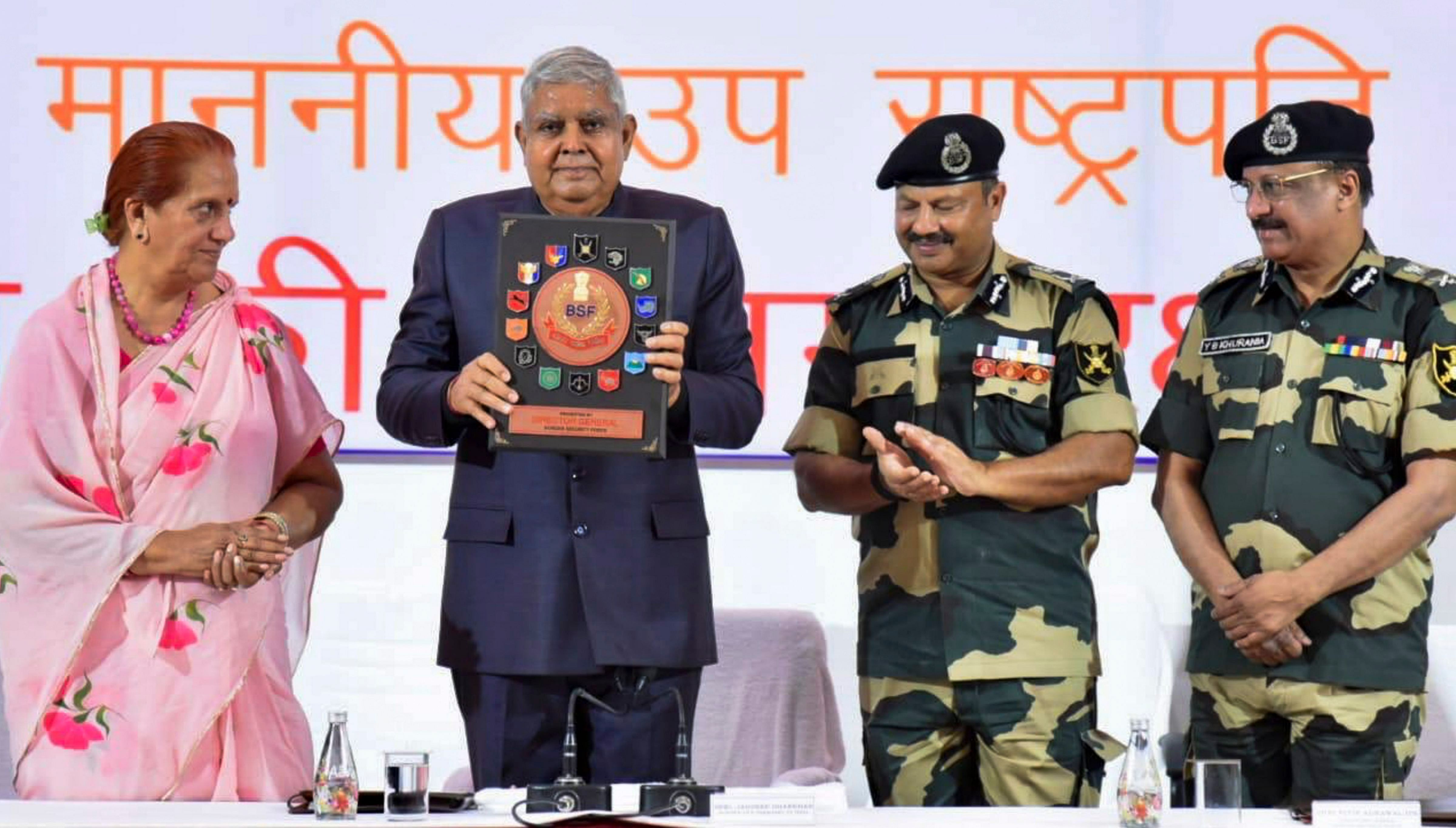 <div class="paragraphs"><p> Vice President Jagdeep Dhankhar and his wife Sudesh Dhankhar during the Sainik Sammelan of 154 Battalion of BSF in Jaisalmer. </p></div>