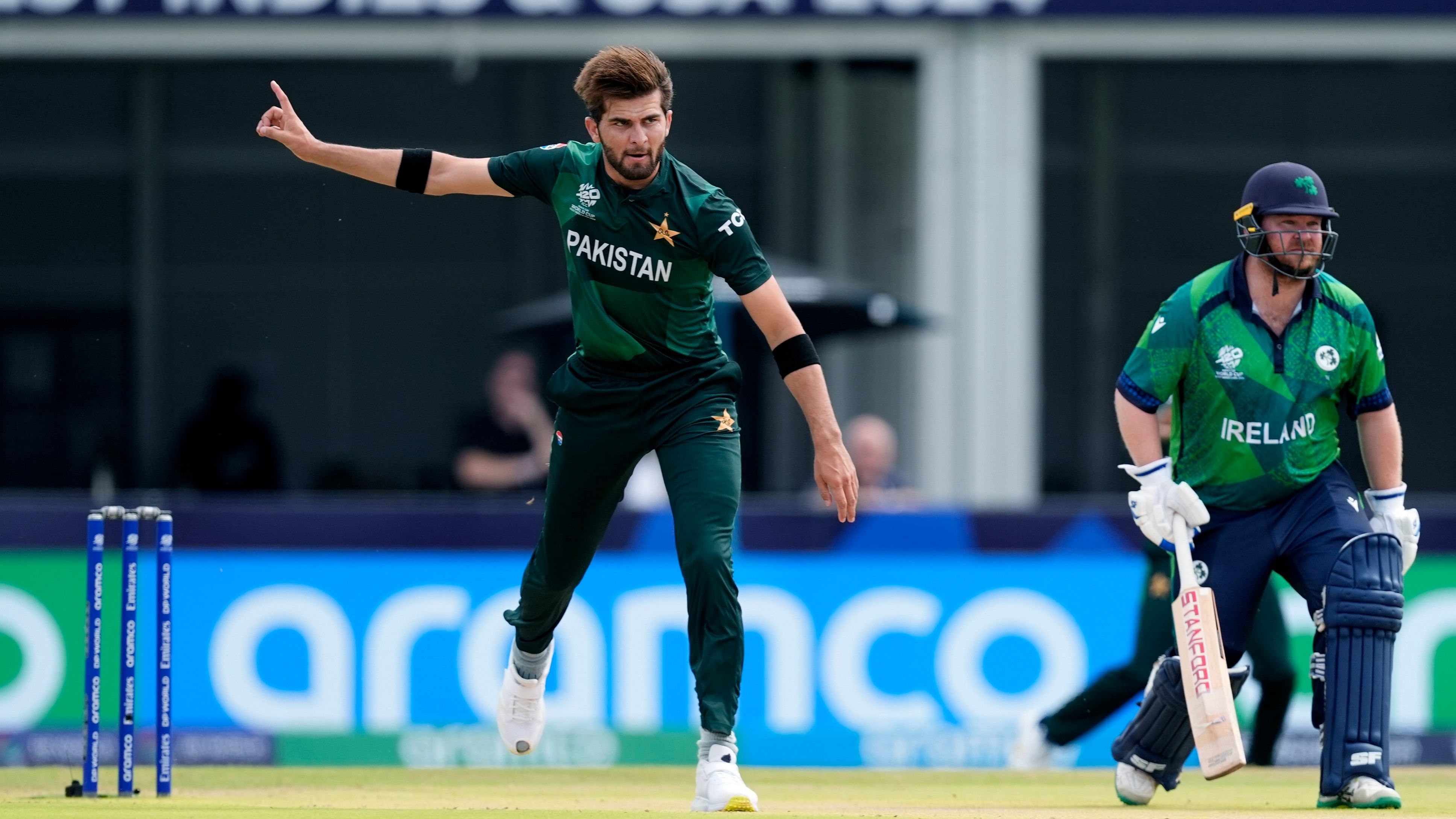 <div class="paragraphs"><p>Pakistan's Shaheen Shah Afridi celebrates the wicket of Ireland's Andrew Balbirnie during the ICC Men's T20 World Cup cricket match between Ireland and Pakistan at the Central Broward Regional Park Stadium, Lauderhill, Fla., Sunday, June 16, 2024.</p></div>