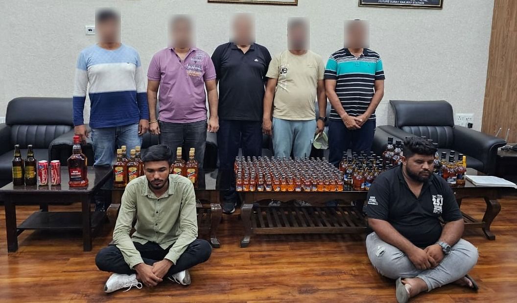 <div class="paragraphs"><p>Western Railway’s Vigilance Team along with the two bootleggers caught with illicit liquor on the train.</p></div>