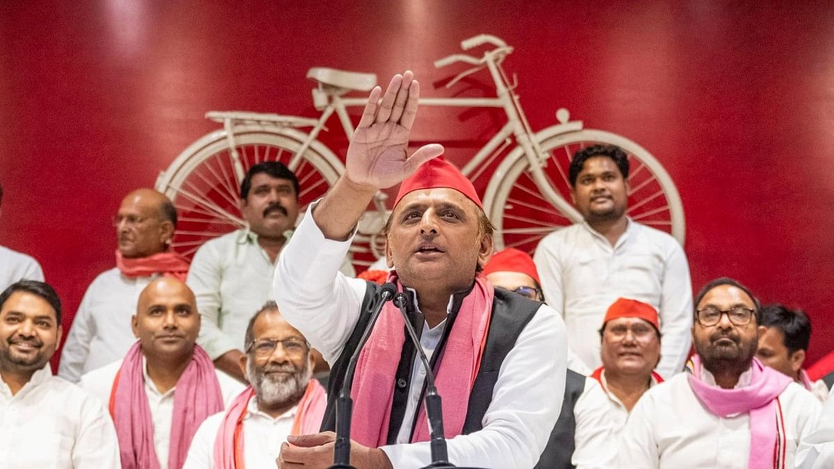 <div class="paragraphs"><p>Samajwadi Party President Akhilesh Yadav speaks during a party meeting held after the Lok Sabha elections, at the party office in Lucknow, Friday, June 7, 2024. </p></div>