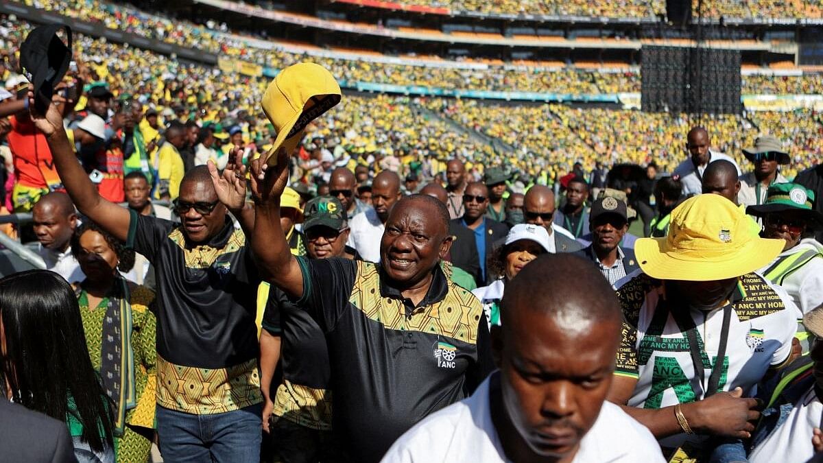 <div class="paragraphs"><p>President of the African National Congress (ANC) Cyril Ramaphosa greets supporters on his arrival at the political party’s rally.</p></div>