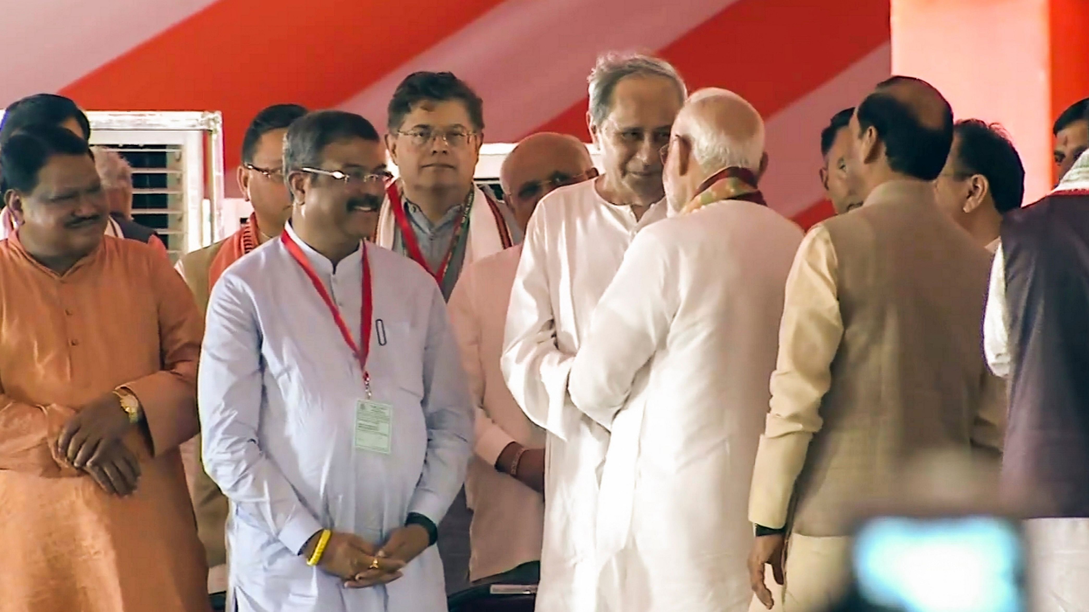 <div class="paragraphs"><p>Prime Minister Narendra Modi being greeted by former Odisha chief minister Naveen Patnaik during the swearing-in ceremony of new Odisha government, in Bhubaneswar.</p></div>