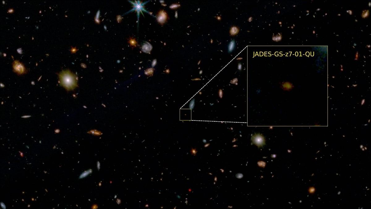 <div class="paragraphs"><p>A false-color image obtained by the James Webb Space Telescope  shows the galaxy JADES-GS-z7-01-QU, the universe's earliest-known "dead" galaxy, a galaxy that has stopped star formation, in this undated handout picture obtained by Reuters.</p></div>