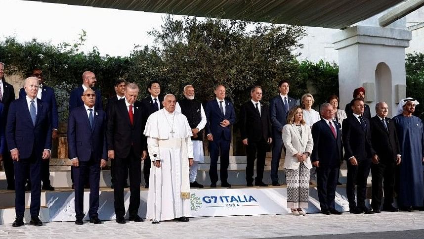 <div class="paragraphs"><p>U.S. President Joe Biden, Pope Francis,  Italy's Prime Minister Giorgia Meloni, French President Emmanuel Macron, Canada's Prime Minister Justin Trudeau, German Chancellor Olaf Scholz, Britain's Prime Minister Rishi Sunak,  India’s Prime Minister Narendra Modi, among other world leaders, pose for rthe G7 family photo on the second day of the summit at the Borgo Egnazia resort, in Savelletri, Italy.</p></div>