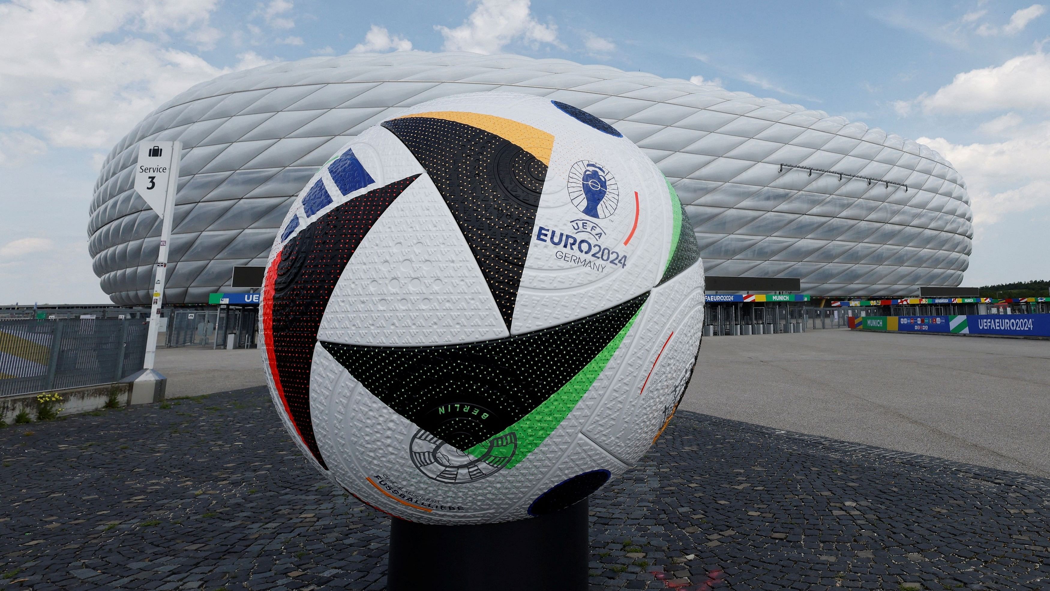 <div class="paragraphs"><p>General view of a giant replica football outside Munich Football Arena ahead of Euro 2024.</p></div>