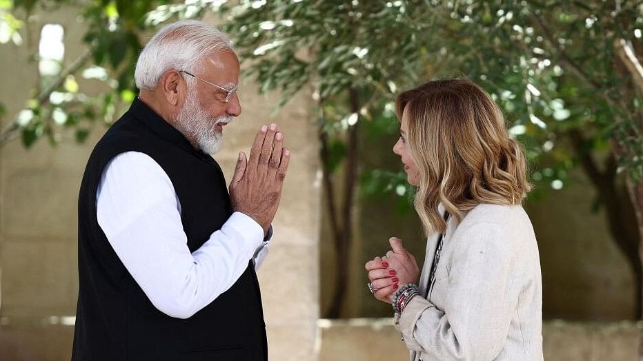 <div class="paragraphs"><p>Prime Minister Narendra Modi is welcomed by Italian Prime Minister Giorgia Meloni on the second day of the G7 summit, at the Borgo Egnazia resort, in Savelletri, Italy </p></div>