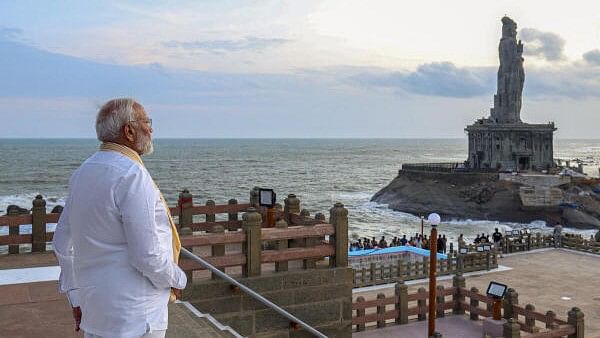 <div class="paragraphs"><p>Prime Minister Narendra Modi at Vivekananda Rock Memorial, in Kanyakumari, Tamil Nadu.</p></div>