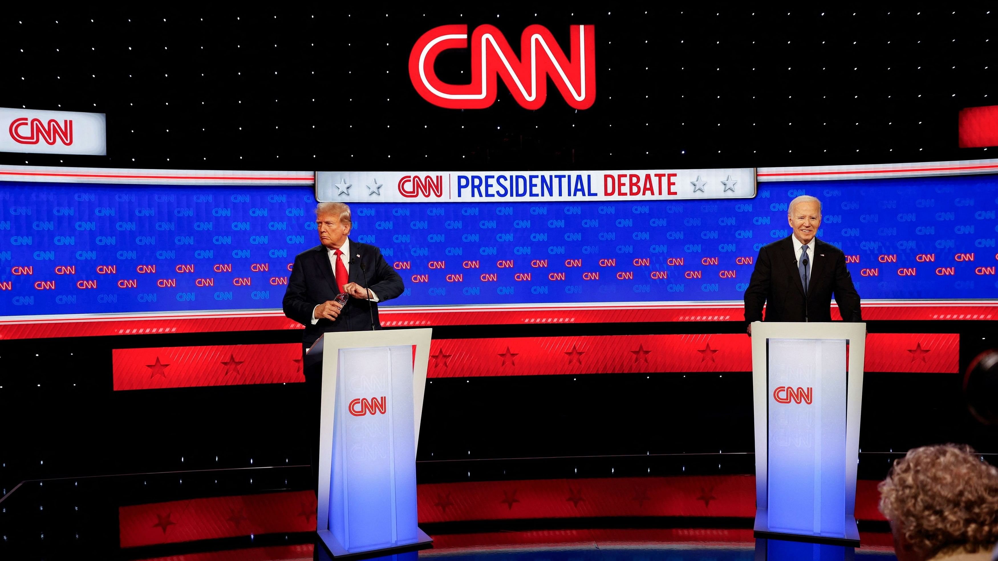 <div class="paragraphs"><p>US President Joe Biden and Republican presidential candidate and former US President Donald Trump attend the first presidential debate hosted by CNN in Atlanta, Georgia, US on June 27, 2024.</p></div>