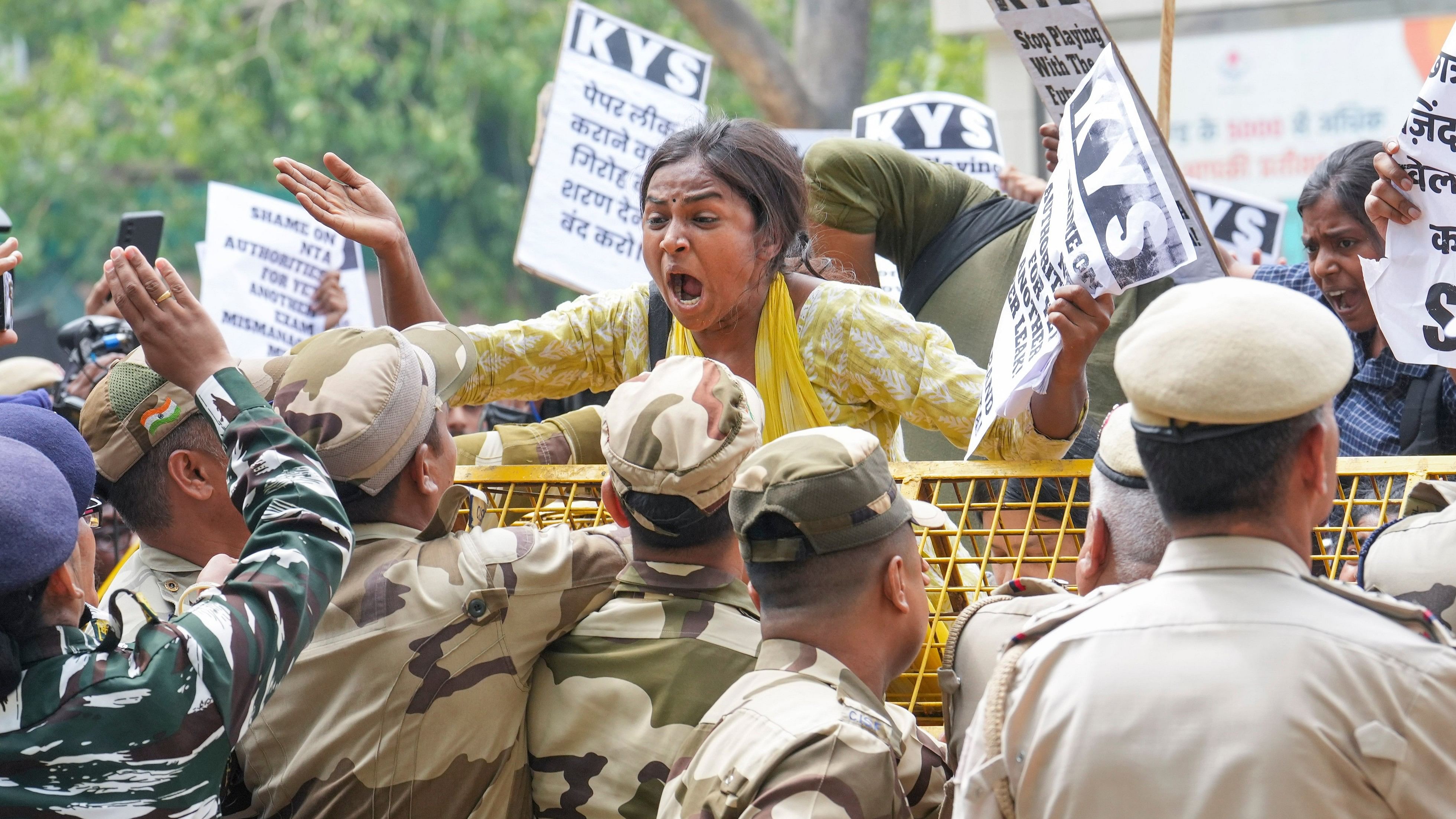 <div class="paragraphs"><p>Students during a protest over the NEET-UG and UGC-NET examinations issue, in New Delhi.</p></div>