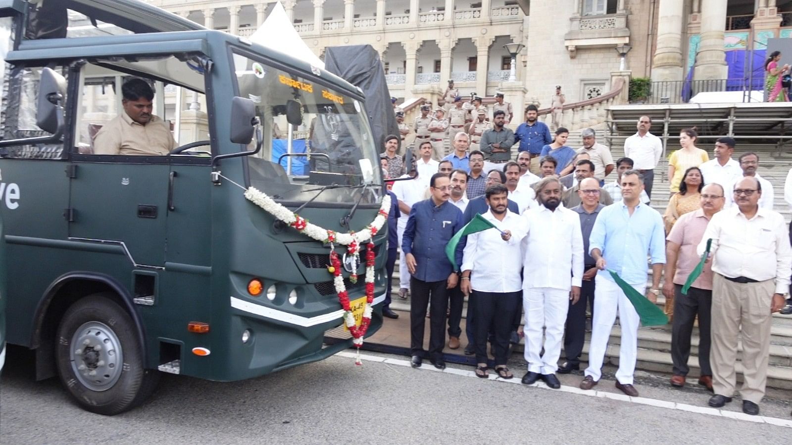 Forest, Ecology and Environment Minister Eshwar Khandre flags off minibuses, designed for visitors to Nagarahole Wildlife Sanctuary, in front of Vidhana Soudha in Bengaluru on Thursday.