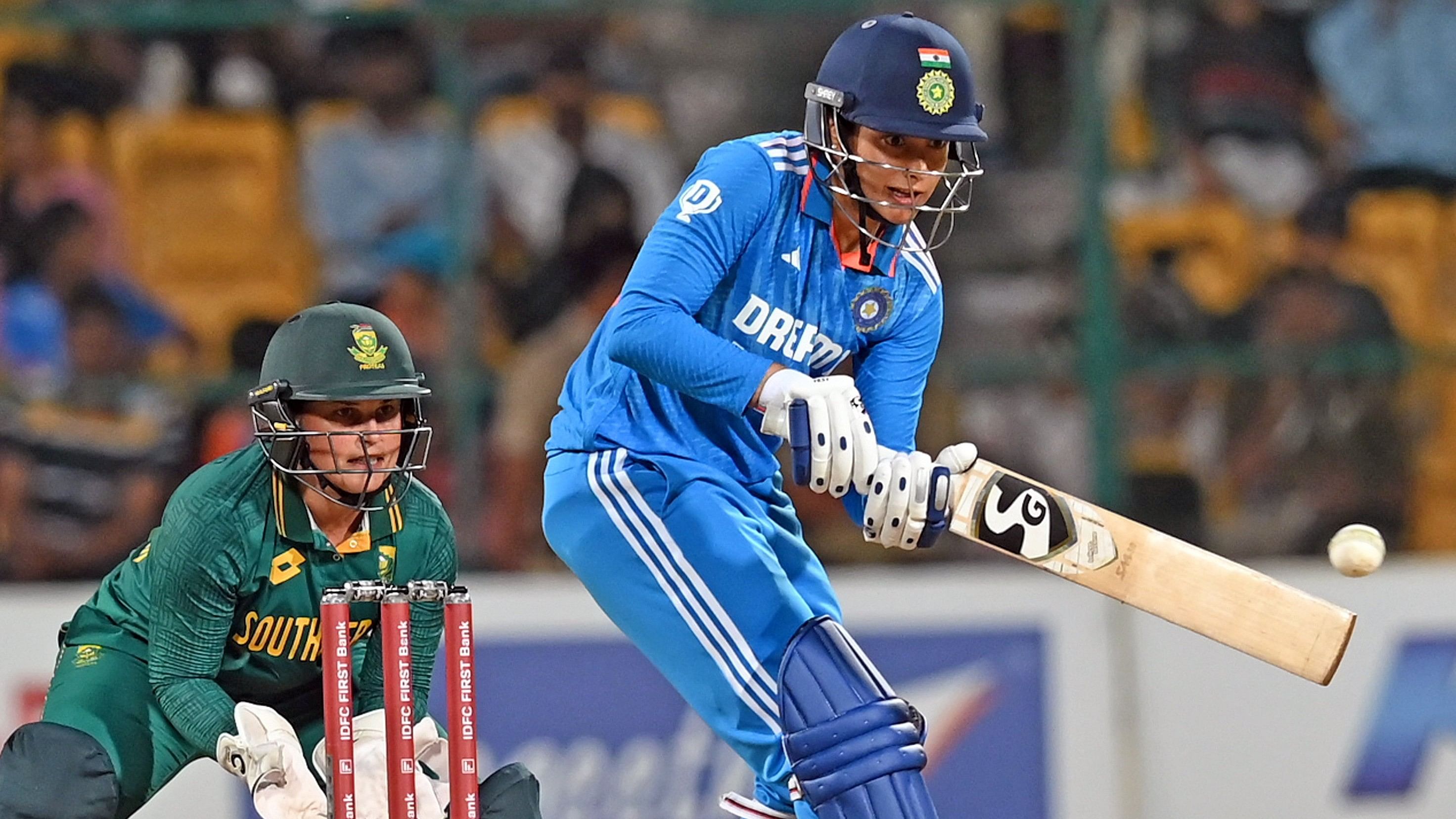 <div class="paragraphs"><p>India's Smriti Mandhana in action against South Africa's during their 3rd ODI at M Chinnaswamy Stadium in Bengaluru on Sunday. </p></div>