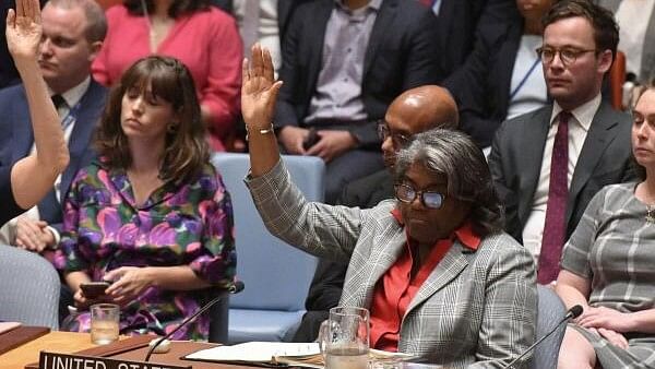 <div class="paragraphs"><p>US Ambassador to the United Nations Linda Thomas-Greenfield votes during a UN Security Council vote on a US-drafted resolution backing a proposal outlined by US President Joe Biden for a ceasefire between Israel and Palestinian militants Hamas in the Gaza Strip, at UN headquarters in New York City, US, June 10, 2024.</p></div>