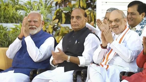 <div class="paragraphs"><p>Narendra Modi with Rajnath Singh and Amit Shah at Rashtrapati Bhavan ahead of the oath-taking ceremony as prime minister for the third consecutive term, in New Delhi.&nbsp;</p></div>