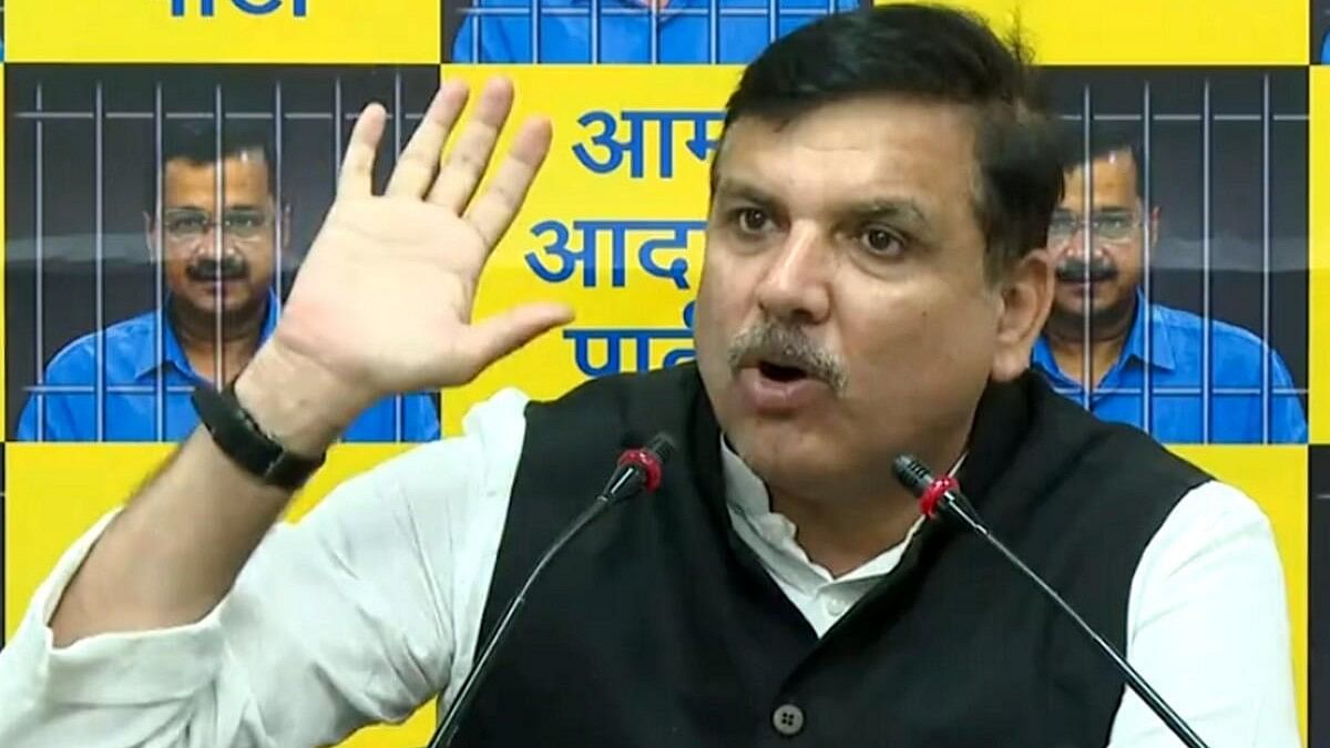 <div class="paragraphs"><p>AAP leader Sanjay Singh addresses a press conference regarding the shortage of water in the national capital.</p></div>