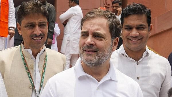 <div class="paragraphs"><p>Congress MPs Rahul Gandhi and Hibi Eden at the Parliament House complex during the first session of the 18th Lok Sabha, in New Delhi, Tuesday.</p></div>