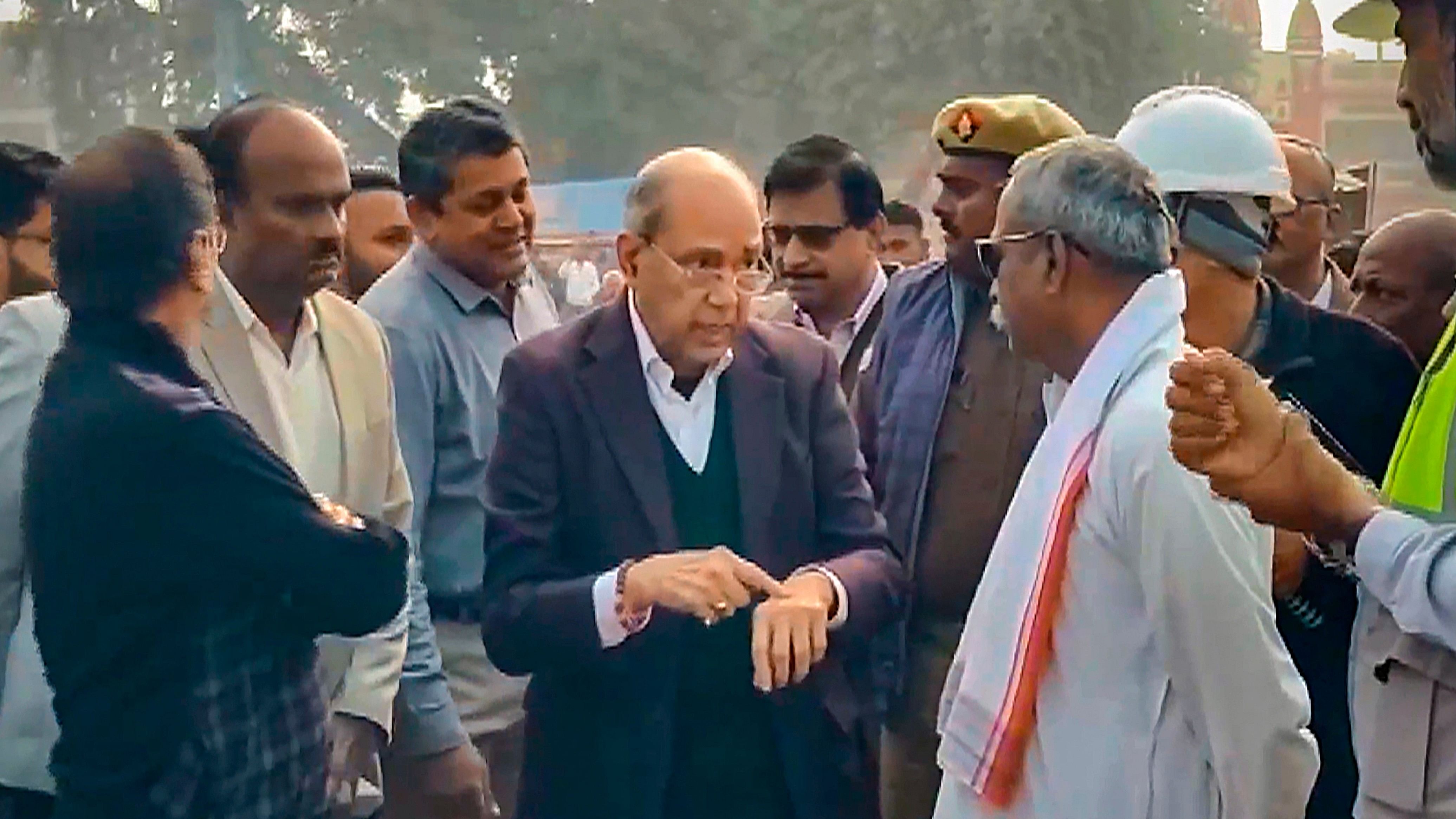 <div class="paragraphs"><p>Nripendra Misra, the chairman of Ram Mandir construction committee, inspects preparations ahead of Ram Temple consecration ceremony.&nbsp;</p></div>