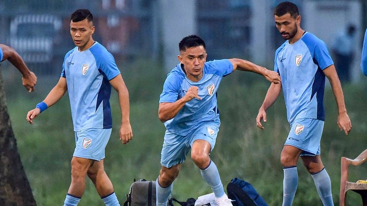 <div class="paragraphs"><p>Indian national football team captain Sunil Chhetri and other players during a practice session ahead of the FIFA World Cup qualifiers match against Kuwait.</p></div>