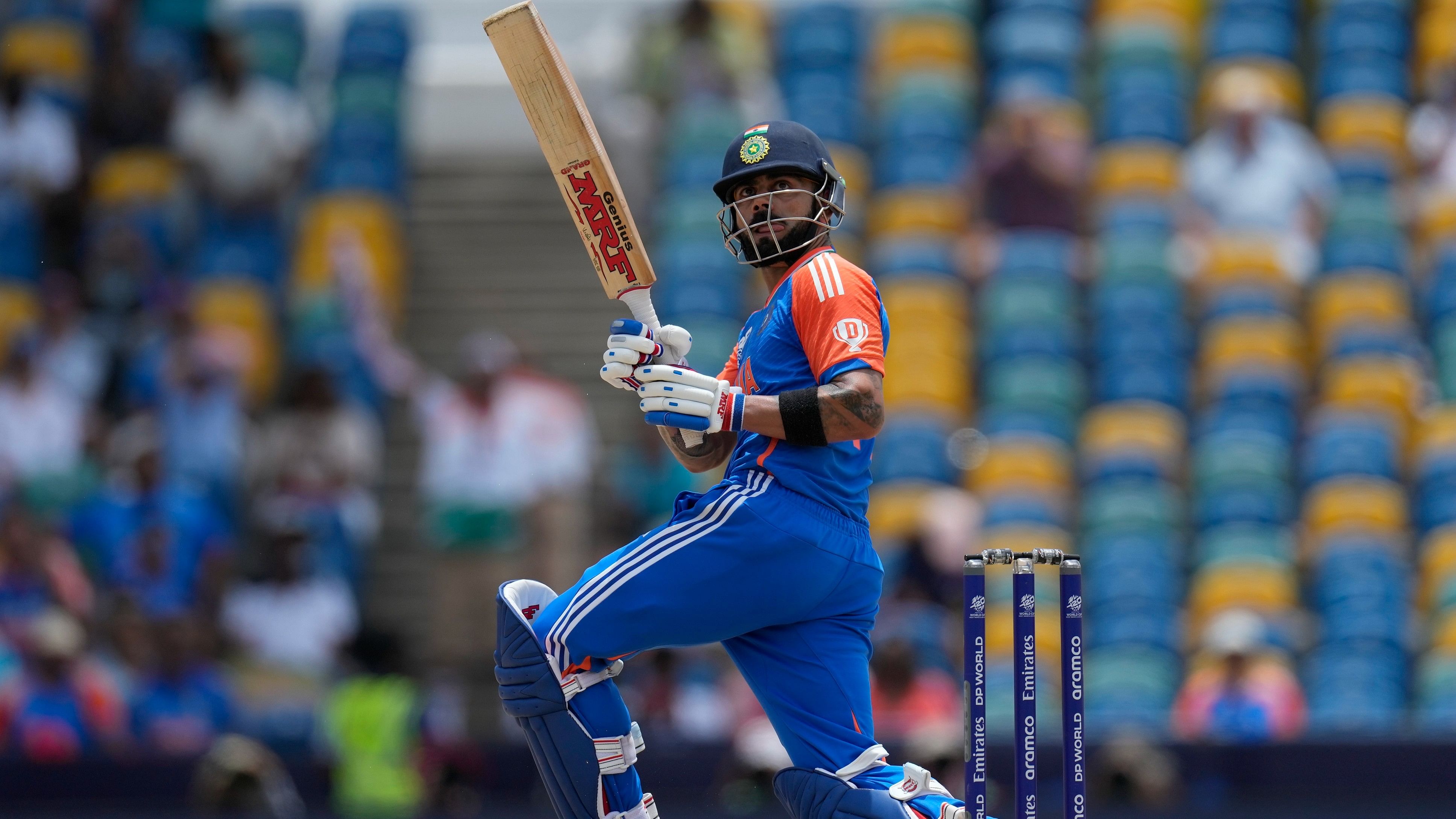 <div class="paragraphs"><p>Virat Kohli watches the ball after playing a shot during the ICC Men's T20 World Cup final cricket match between India and South Africa at Kensington Oval in Bridgetown, Barbados, Saturday, June 29, 2024.</p></div>