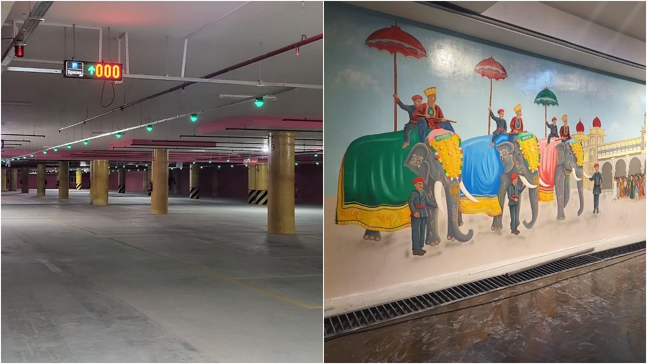 <div class="paragraphs"><p>(From Left) The parking facility; Much like the underground metro stations the parking facility has an artistic touch featuring paintings of the Jamboo Savari of Mysuru Dasara. </p></div>