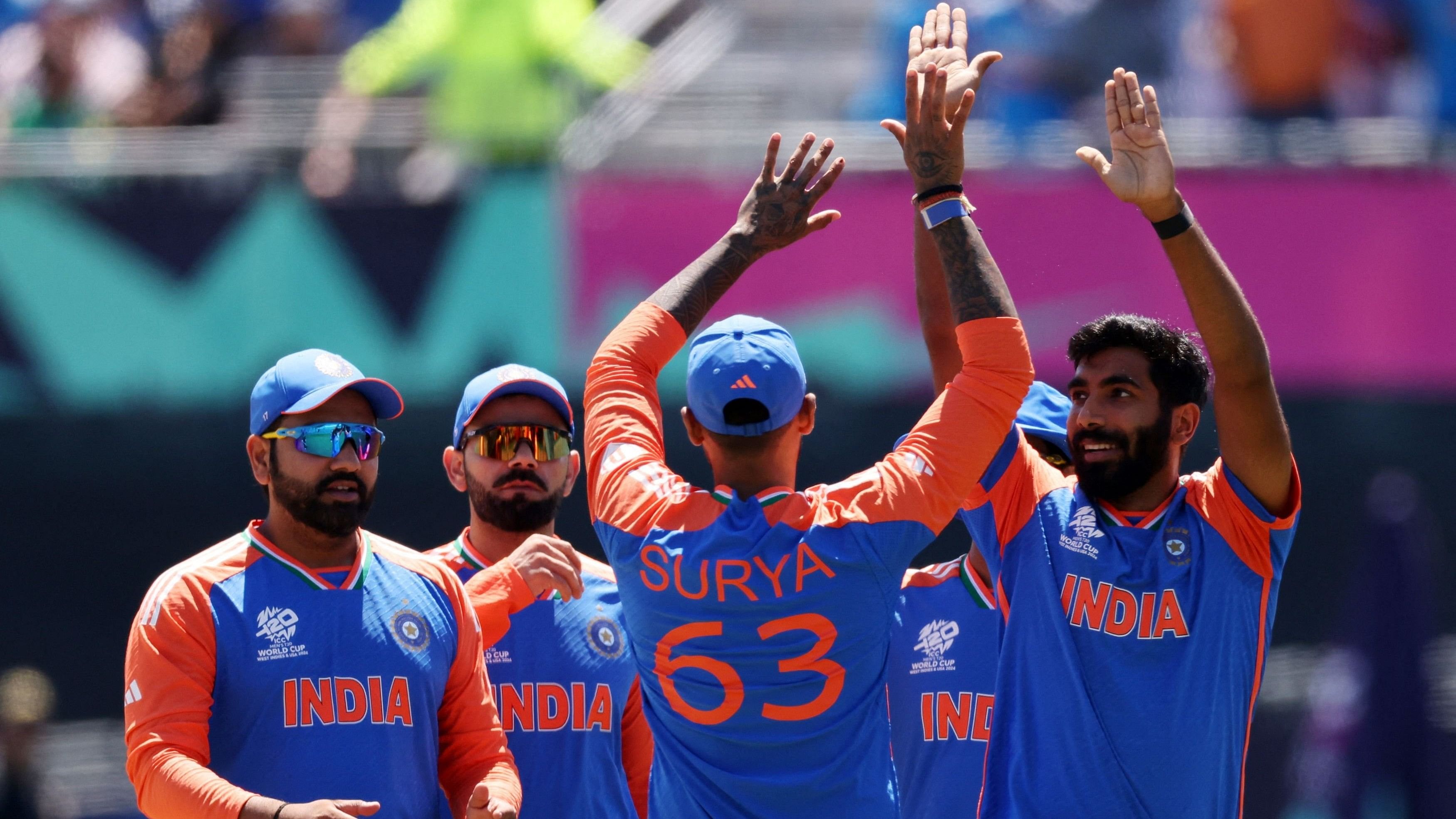 <div class="paragraphs"><p>The Indian team celebrates the wicket of Babar Azam during their T20 World Cup match against Pakistan   on June 9. India take on USA next, on June 11.</p></div>