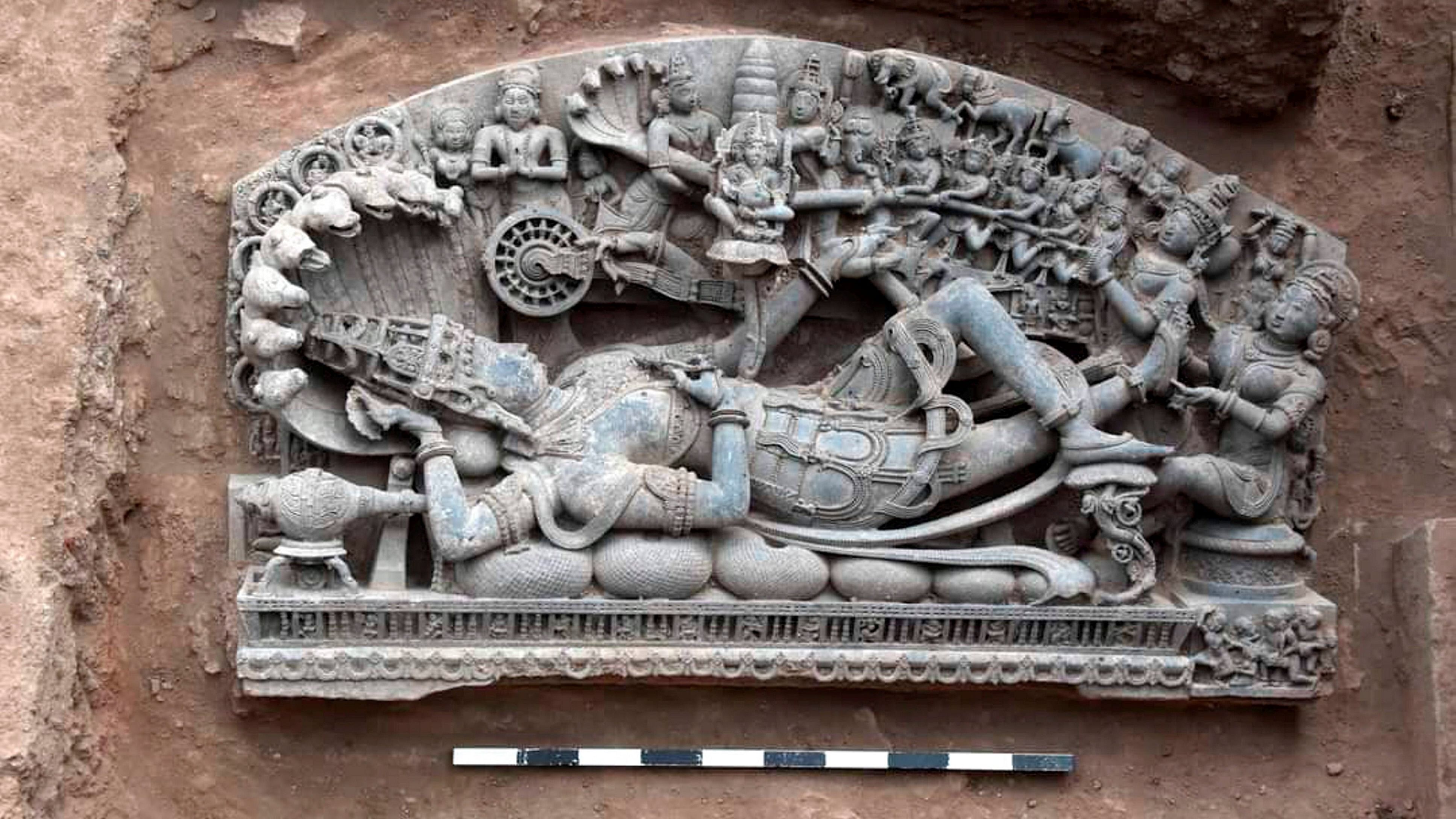 <div class="paragraphs"><p>Sculpture of Sheshshayi Vishnu unearthed by a team of Archaeological Survey of India's Nagpur circle in Maharashtra's Sindkhed Raja of Buldhana district. </p></div>