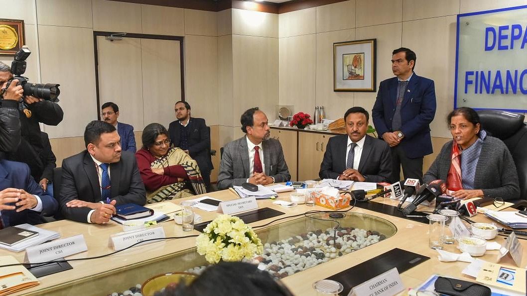 <div class="paragraphs"><p>File photo of Union Finance Minister Nirmala Sitharaman during a review meeting with chief executive officers (CEOs) of public sector banks (PSBs) and CBI officials.&nbsp;</p></div>