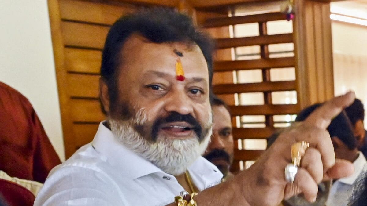 <div class="paragraphs"><p>BJP candidate from Thrissur constituency Suresh Gopi celebrates as he leads in the Lok Sabha elections on the day of counting of votes, in Thiruvananthapuram, Tuesday, June 4, 2024</p></div>