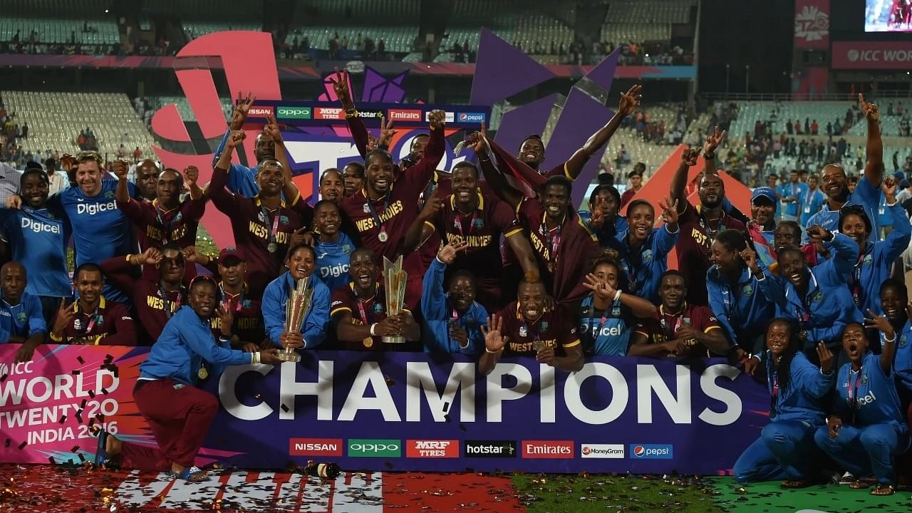 <div class="paragraphs"><p>West Indies cricketers celebrate after winning the T20 World Cup for the second time in 2016.</p><p>They are looking to win their 3rd title in the ongoing edition of the T20 World Cup, which they are co-hosting along with the USA.&nbsp;</p></div>