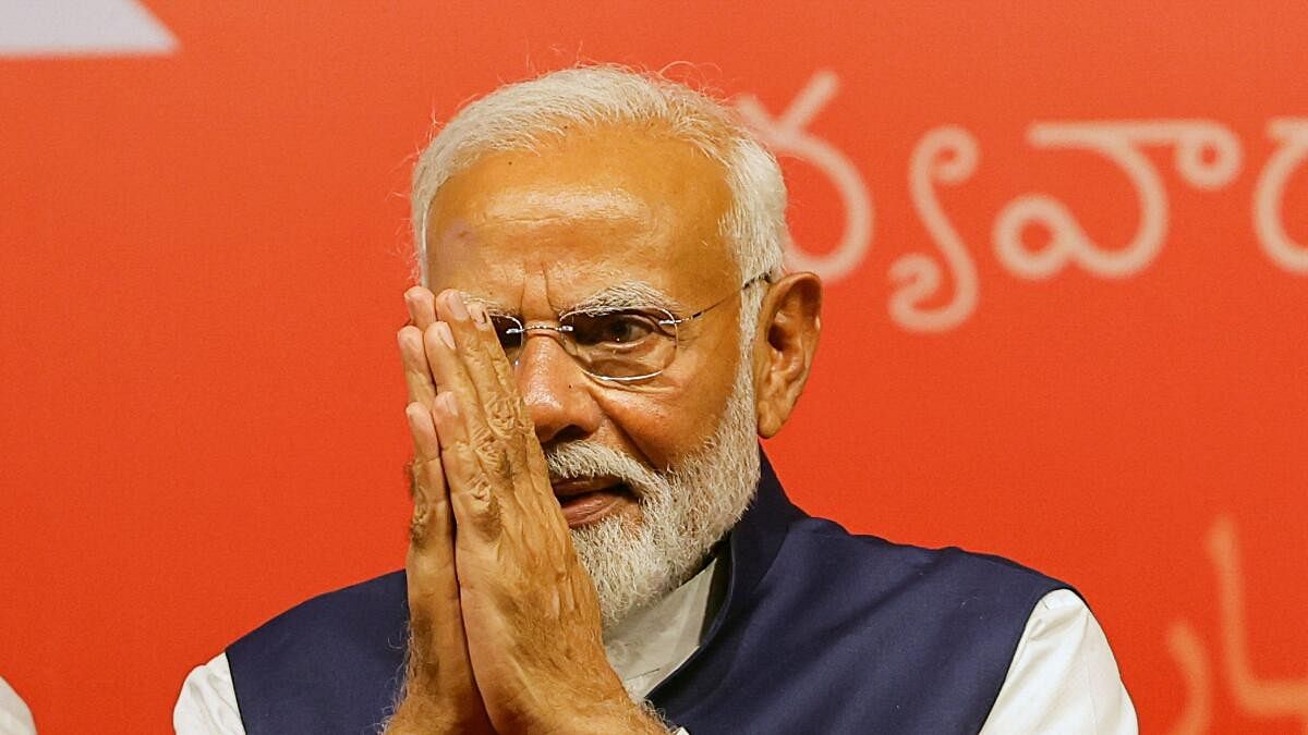 <div class="paragraphs"><p>Indian Prime Minister Narendra Modi gestures, at the Bharatiya Janata Party (BJP) headquarters in New Delhi.</p></div>