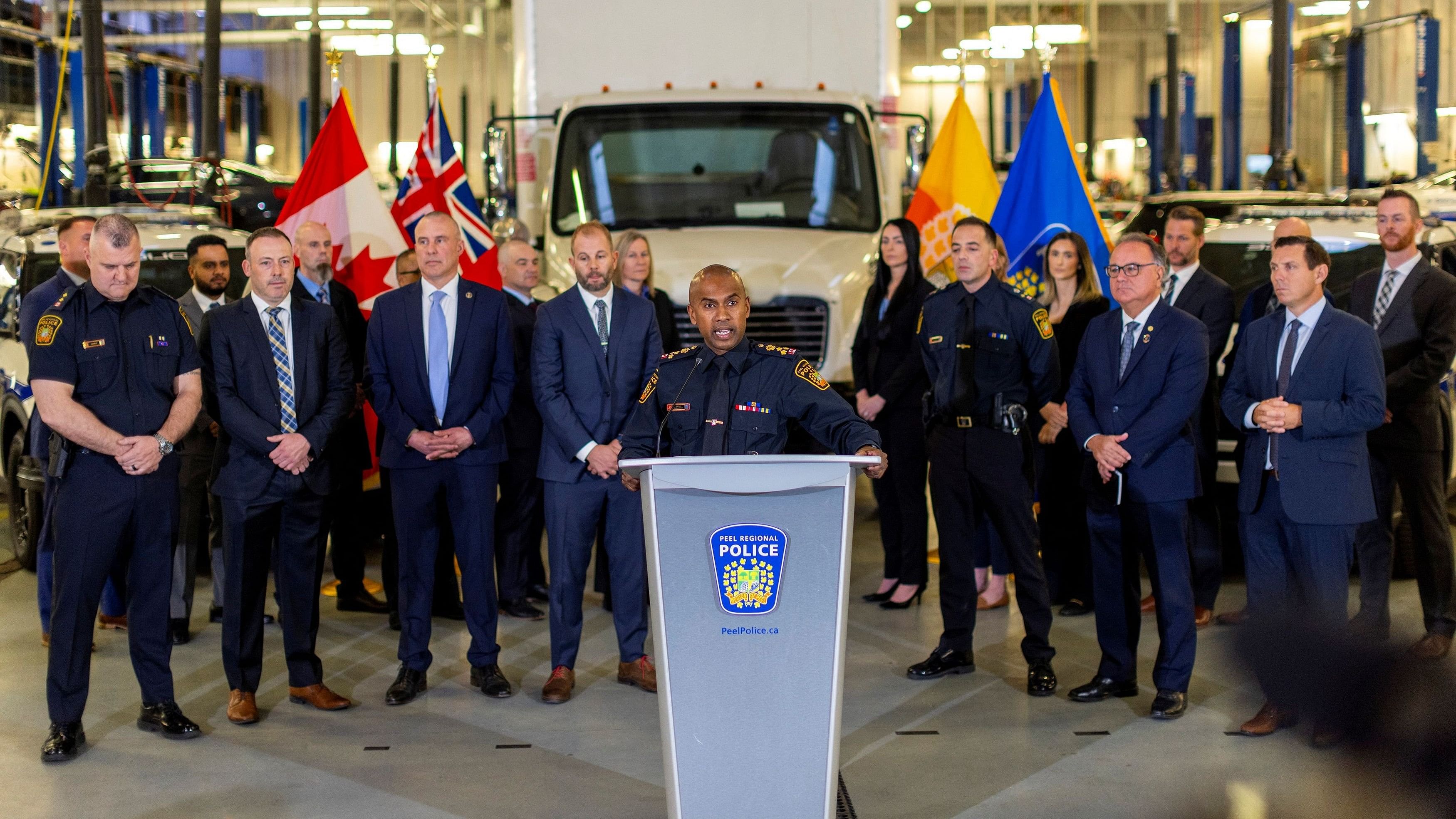 <div class="paragraphs"><p>Chief of Peel Regional Police Nishan Duraiappah speaks infront of the truck used for the heist as authorities give details of the arrests made one year after some 400 kg  of gold and almost 2 million US dollars in cash were stolen from Toronto Pearson International Airport, at a press conference in Brampton, Ontario, Canada.</p></div>